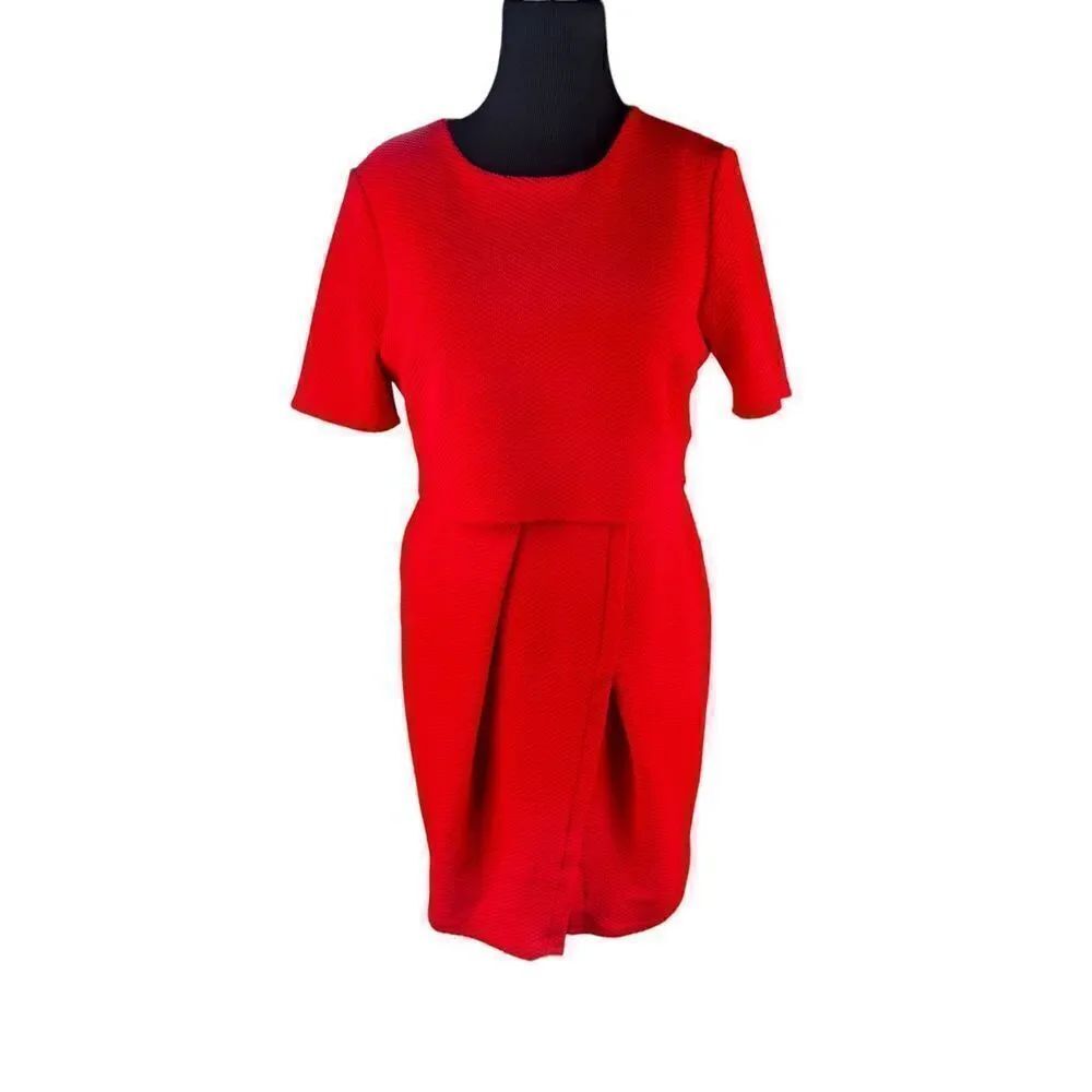 ASOS 14 Red Double Layered Wiggle textured dress shirt sleeve pencil slit skirt
